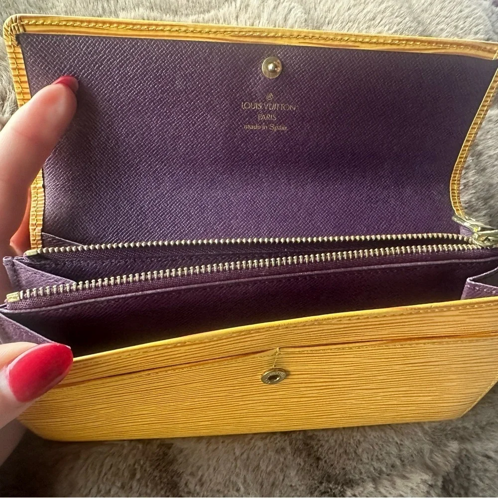 Louis Vuitton Yellow Epi Long Wallet with Purple Interior.